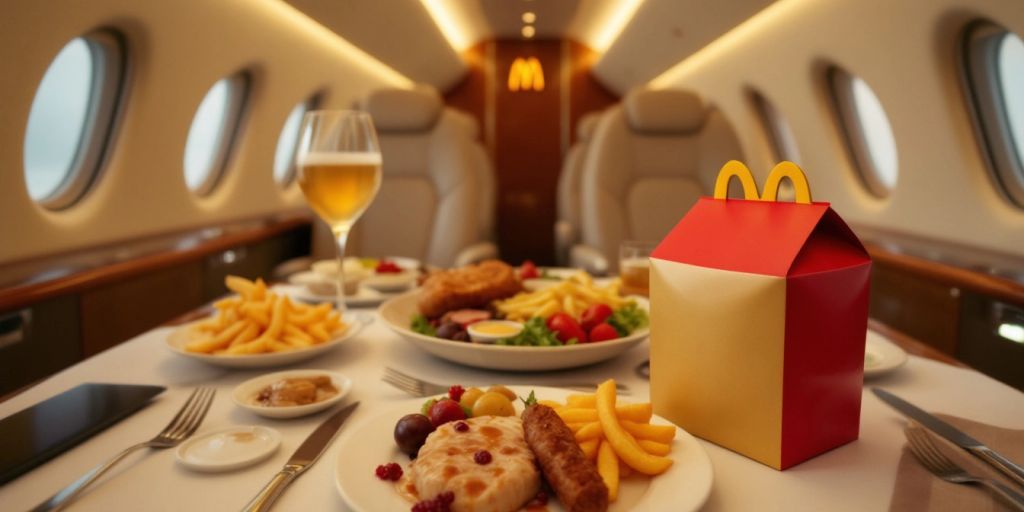 Gourmet meal on a private jet with McDonald's container.