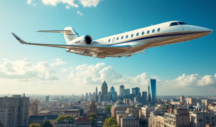 Private jet flying over a cityscape in bright sunlight.