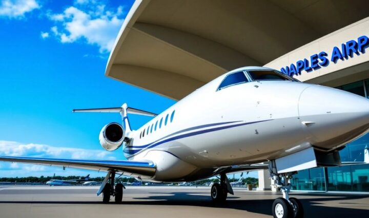 Private jet at Naples Airport under a clear blue sky.