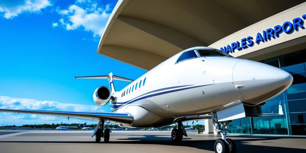 Private jet at Naples Airport under a clear blue sky.