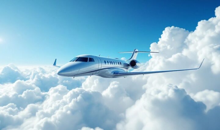 Luxury private jet flying in a clear blue sky.