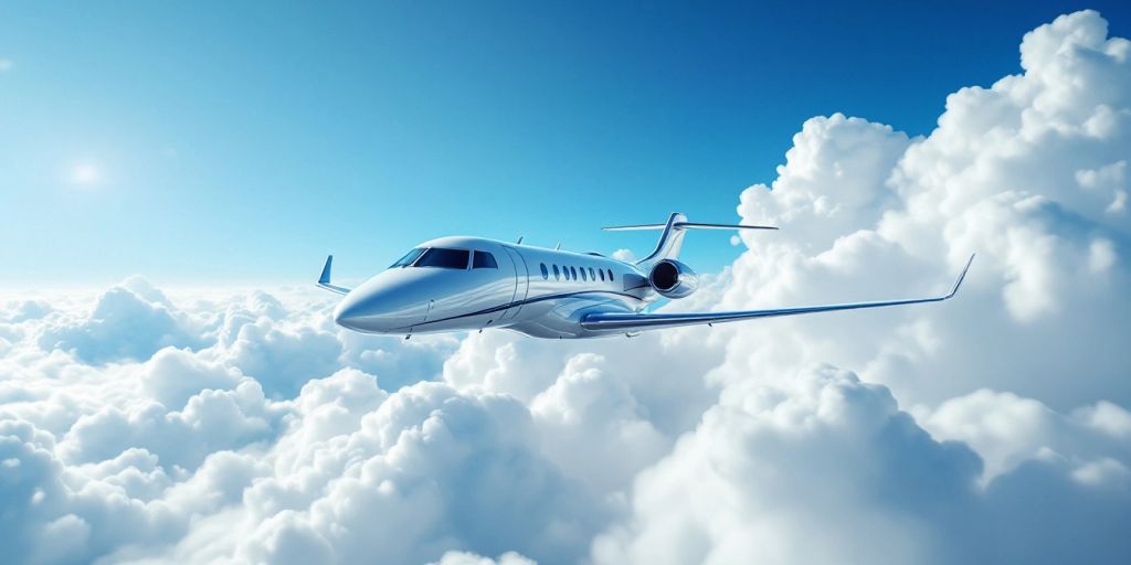 Luxury private jet flying in a clear blue sky.