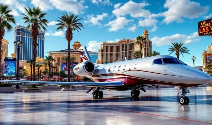 Private jet at a glamorous Las Vegas casino.