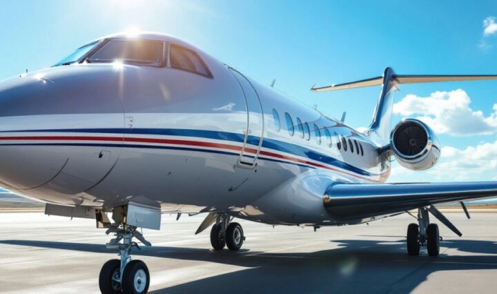 Private jet on tarmac under clear blue skies.