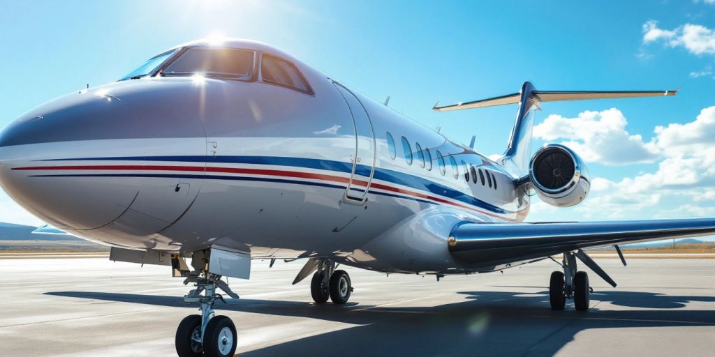 Private jet on tarmac under clear blue skies.