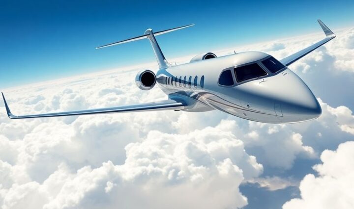 Luxury private jet flying in a clear blue sky.