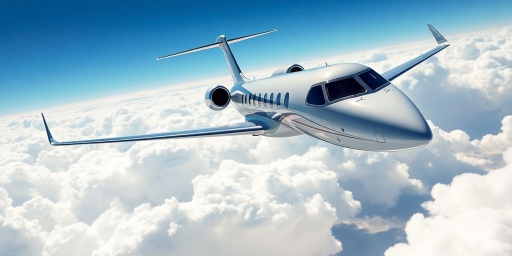 Luxury private jet flying in a clear blue sky.