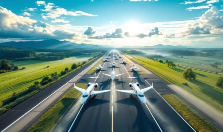 Private jets on runway with smoke trails and clouds.