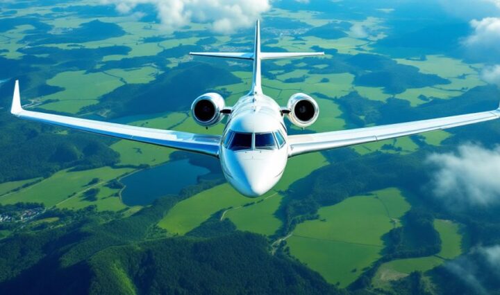 Private jet flying above green landscapes.