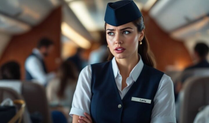 Flight attendant looking concerned in a private jet cabin.