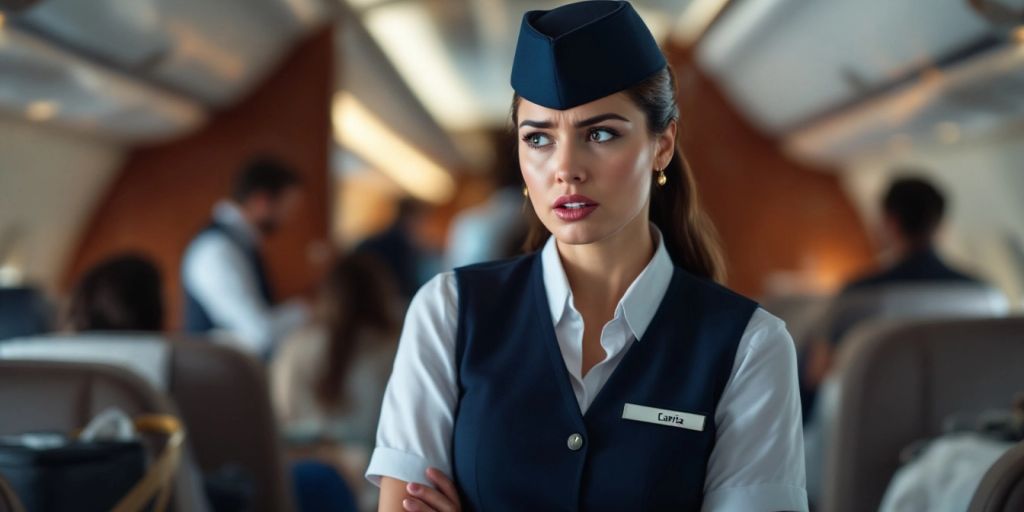 Flight attendant looking concerned in a private jet cabin.