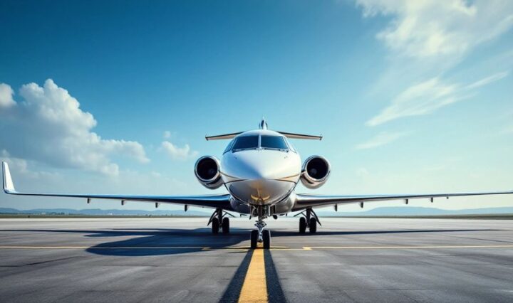 Private jet parked on a luxurious tarmac.