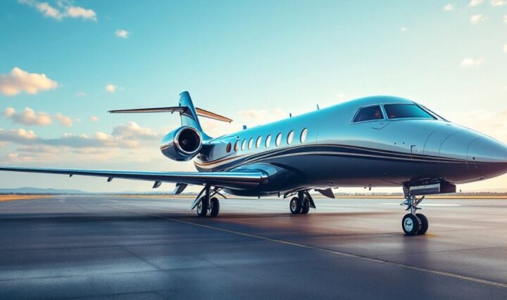 Luxury private jet on a runway against a clear sky.