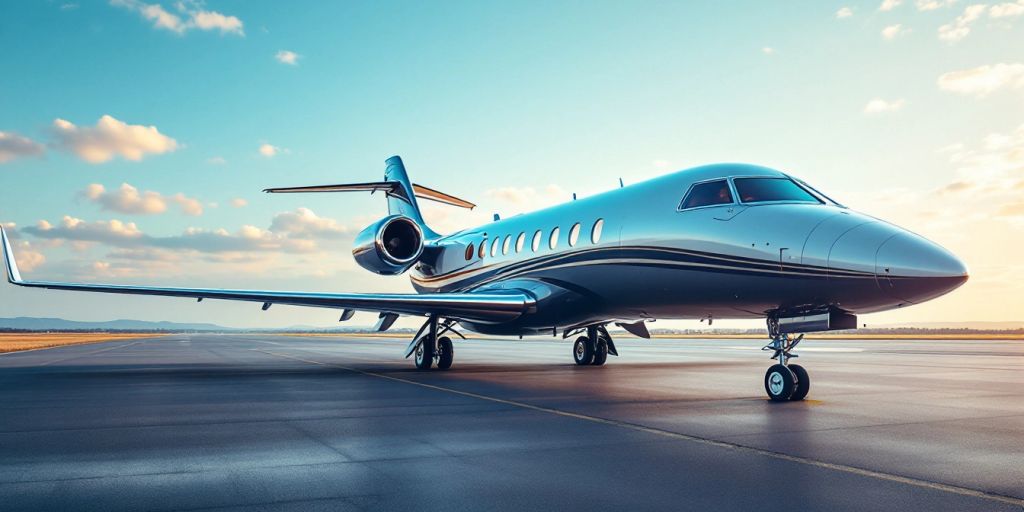 Luxury private jet on a runway against a clear sky.