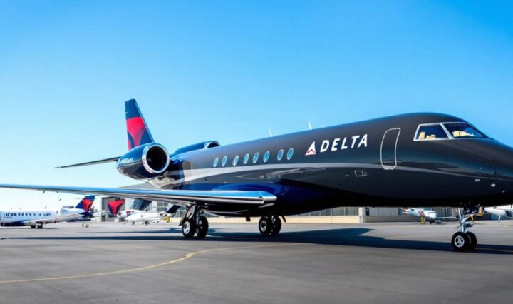 Delta Air Lines aircraft with Wheels Up jets at terminal.