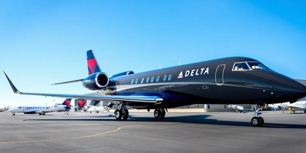 Delta Air Lines aircraft with Wheels Up jets at terminal.