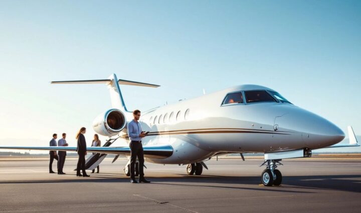 Luxury private jet on tarmac with clear blue sky.