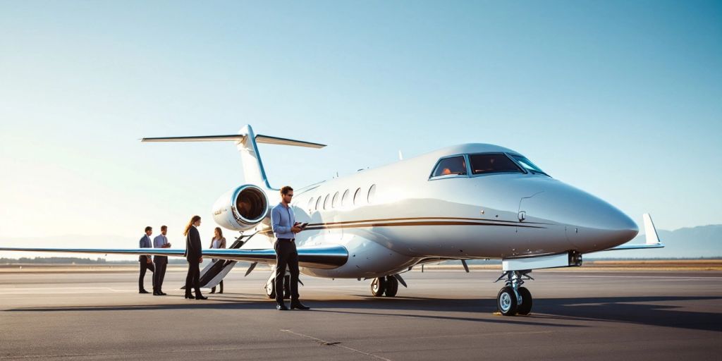 Luxury private jet on tarmac with clear blue sky.