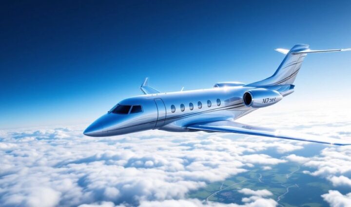 A semi-private jet flying in a blue sky.