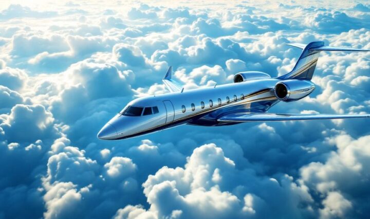 Luxury private jet flying in a clear blue sky.