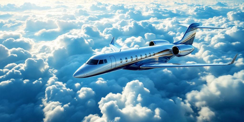 Luxury private jet flying in a clear blue sky.