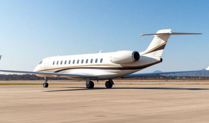 Private jet on tarmac under clear blue sky.