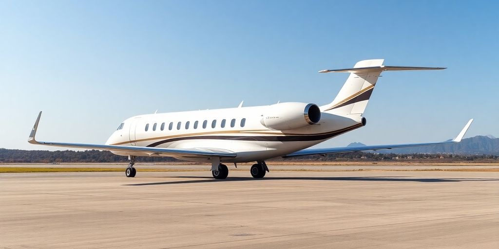 Private jet on tarmac under clear blue sky.