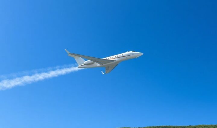 Private jet flying over a green landscape, emitting vapor trail.