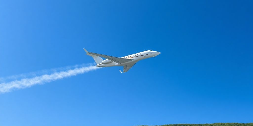 Private jet flying over a green landscape, emitting vapor trail.