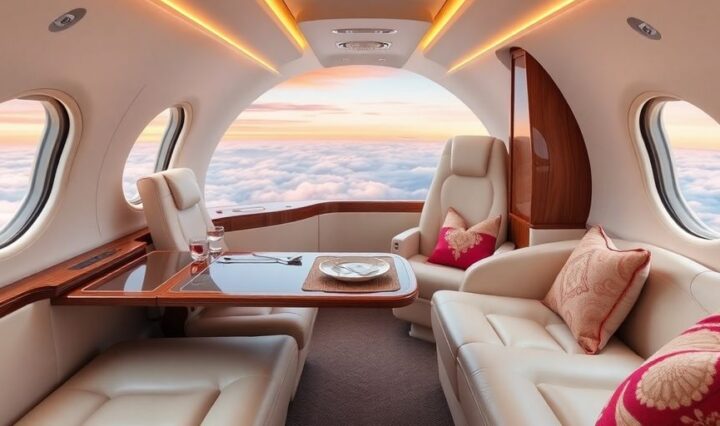 Futuristic private jet cabin interior with plush seats, ambient lighting.