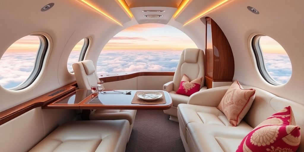 Futuristic private jet cabin interior with plush seats, ambient lighting.