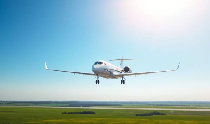 Private jet taking off, blue sky.