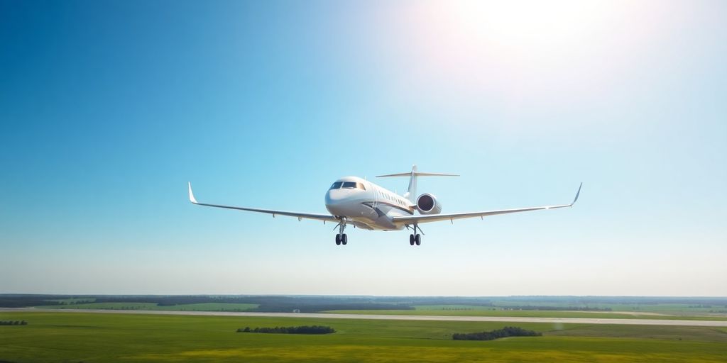 Private jet taking off, blue sky.