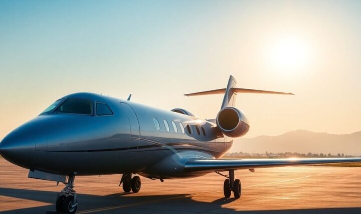 Private jet parked on tarmac