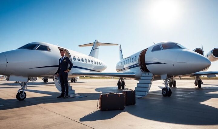 Pilot standing beside private jet staircase on sunny airport tarmac