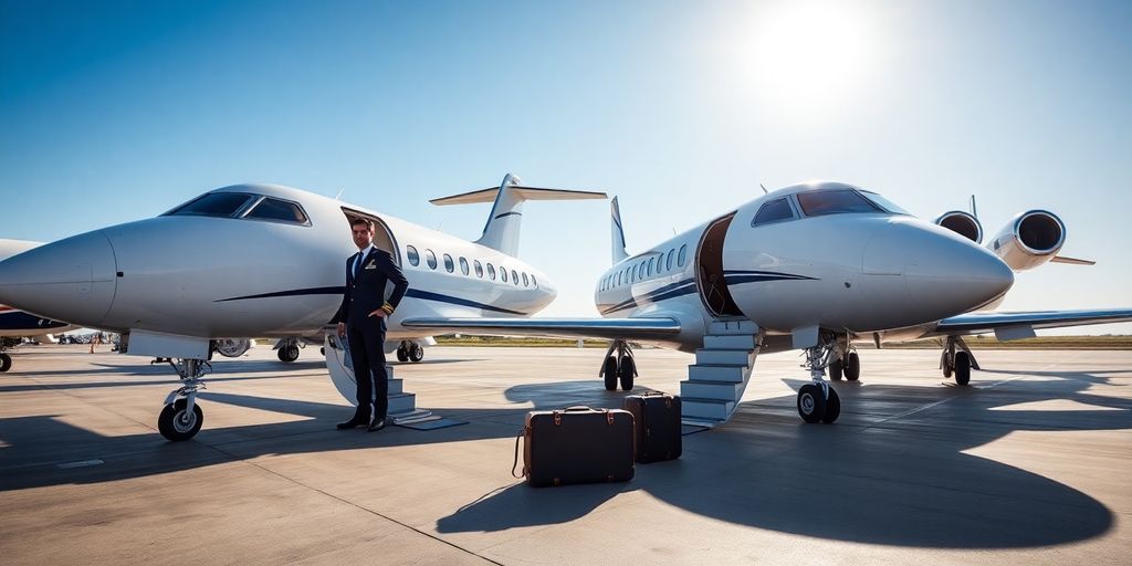 Pilot standing beside private jet staircase on sunny airport tarmac