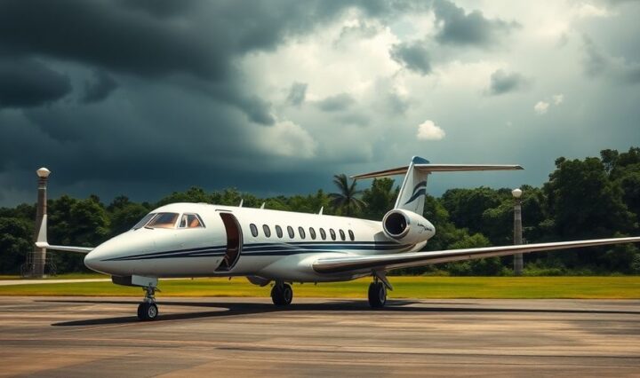 Private jet on tarmac under a stormy sky.