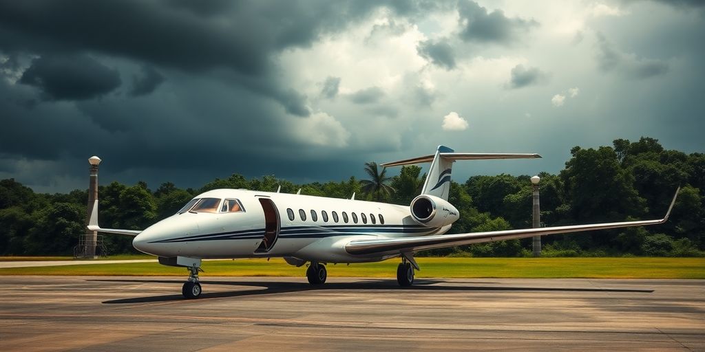 Private jet on tarmac under a stormy sky.