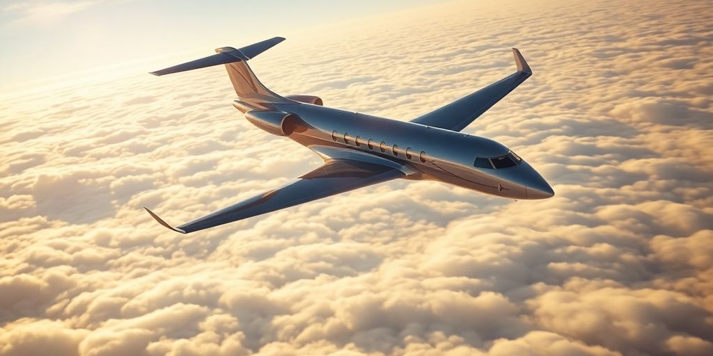 Sleek private jet soaring through clouds.