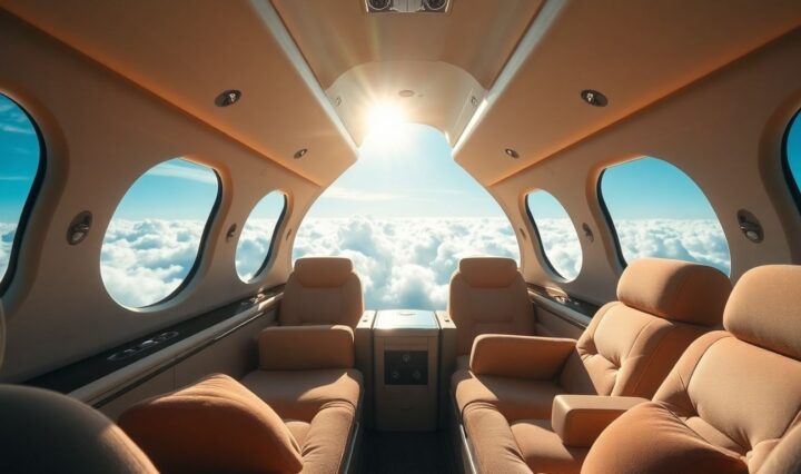 Interior of a luxurious private jet cabin.