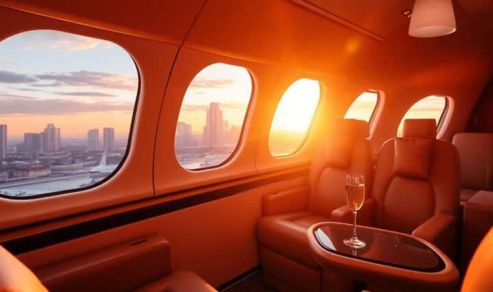 Luxury private jet interior with city view.