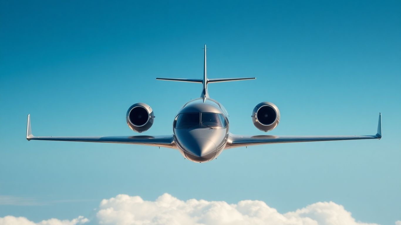Modern light jet flying in a clear blue sky.