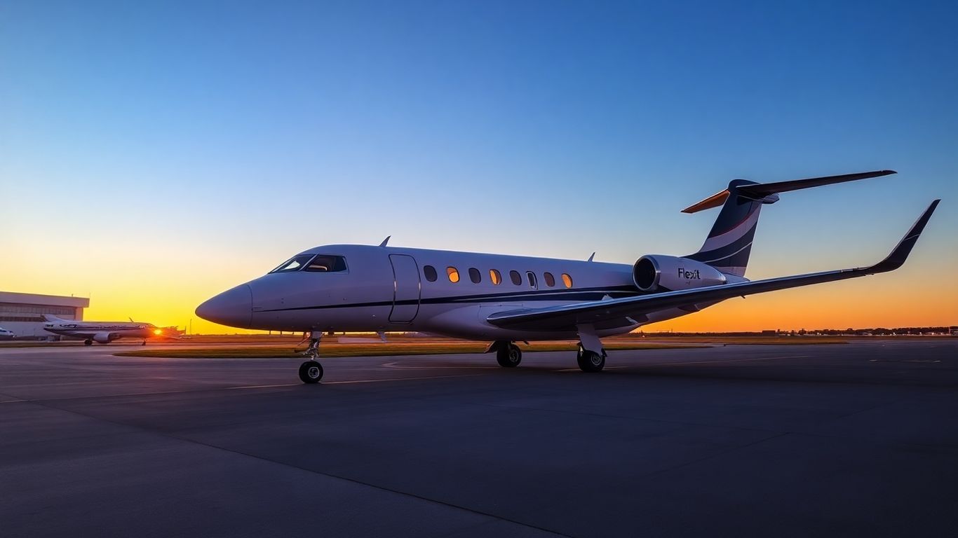 Luxury Flexjet jet on airport runway at sunset