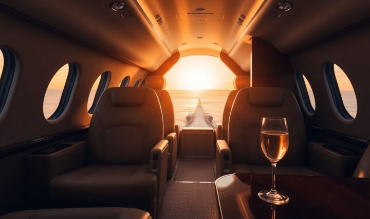Luxury private jet interior with leather seats and sunset view.