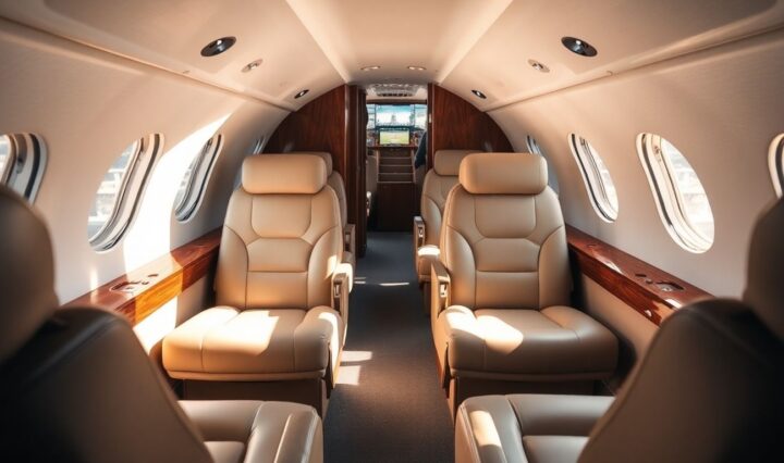 Interior of a luxurious private jet cabin.