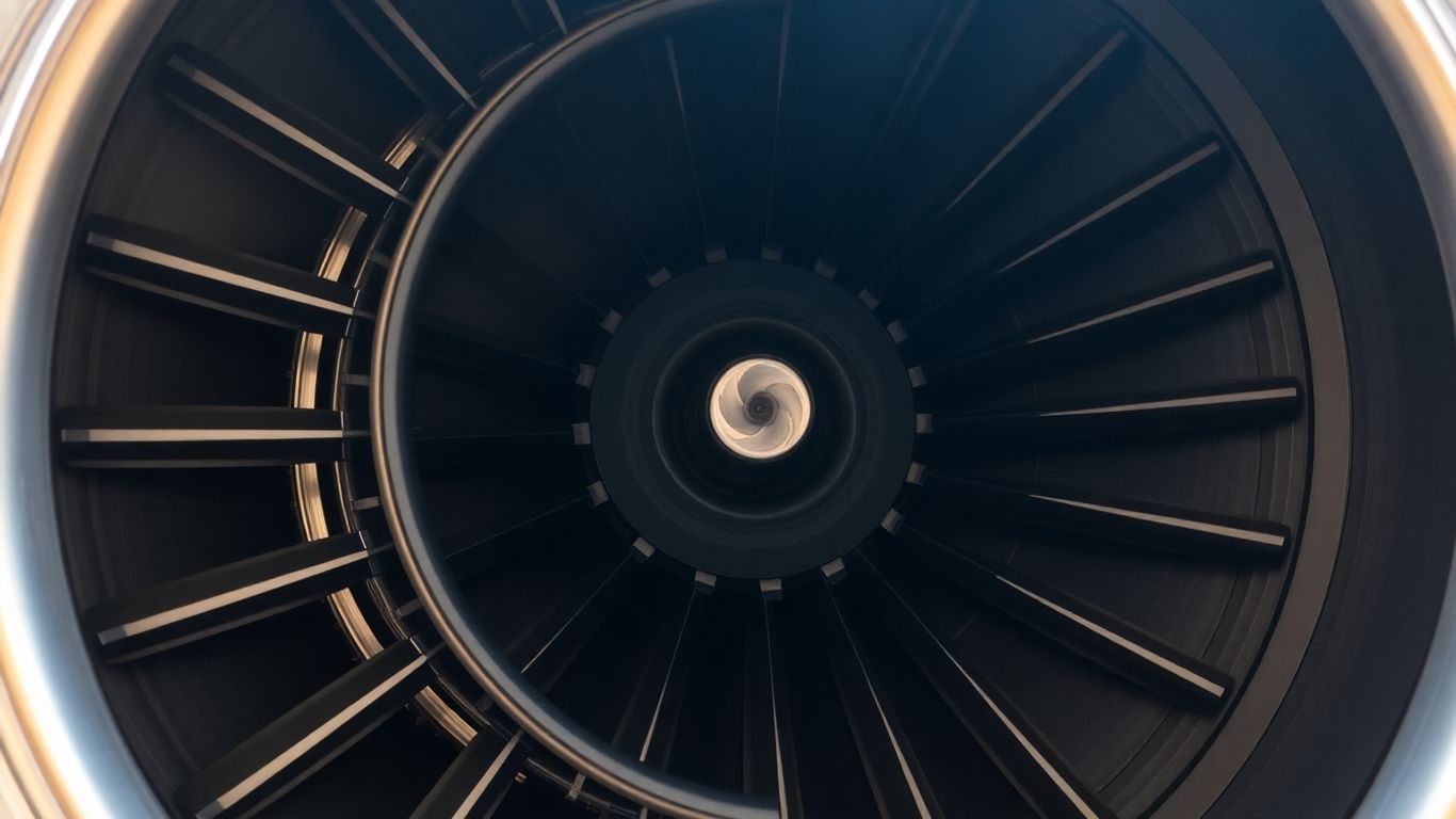 Rolls-Royce jet engine close-up, metallic components, turbine blades.