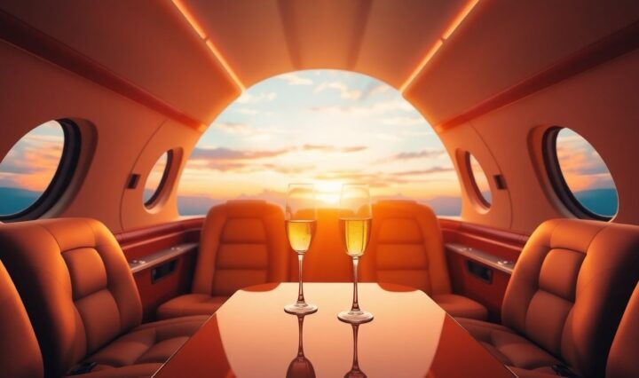 Luxurious private jet interior with sunset view.