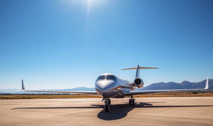 Luxurious private jet on tarmac, mountains in background.