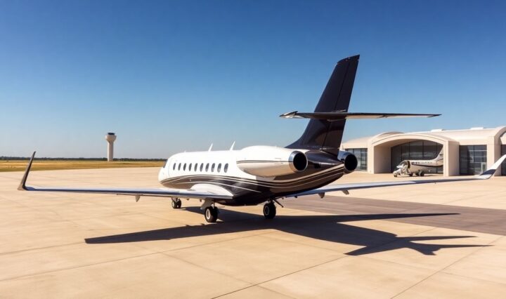 Sleek private jet on tarmac, luxury travel