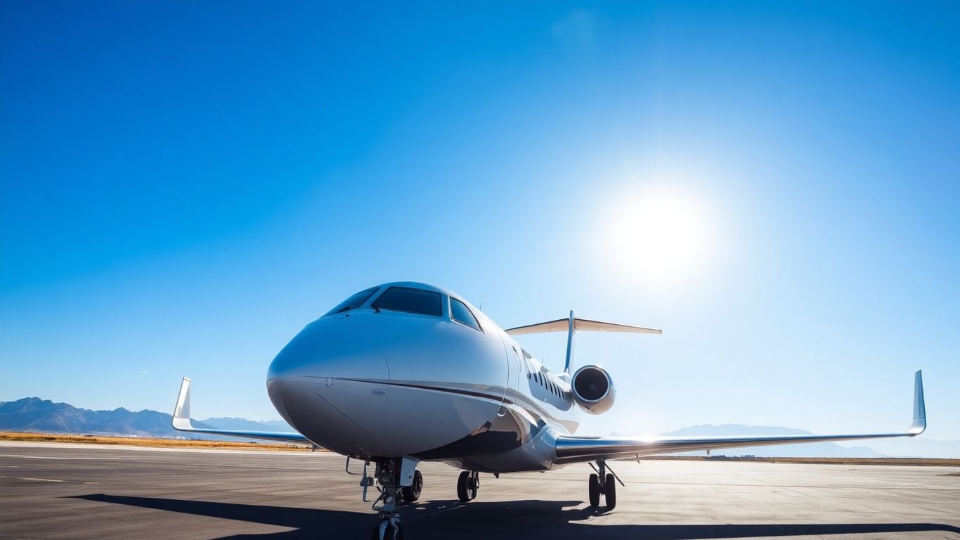 Luxurious private jet on tarmac, mountains in background.